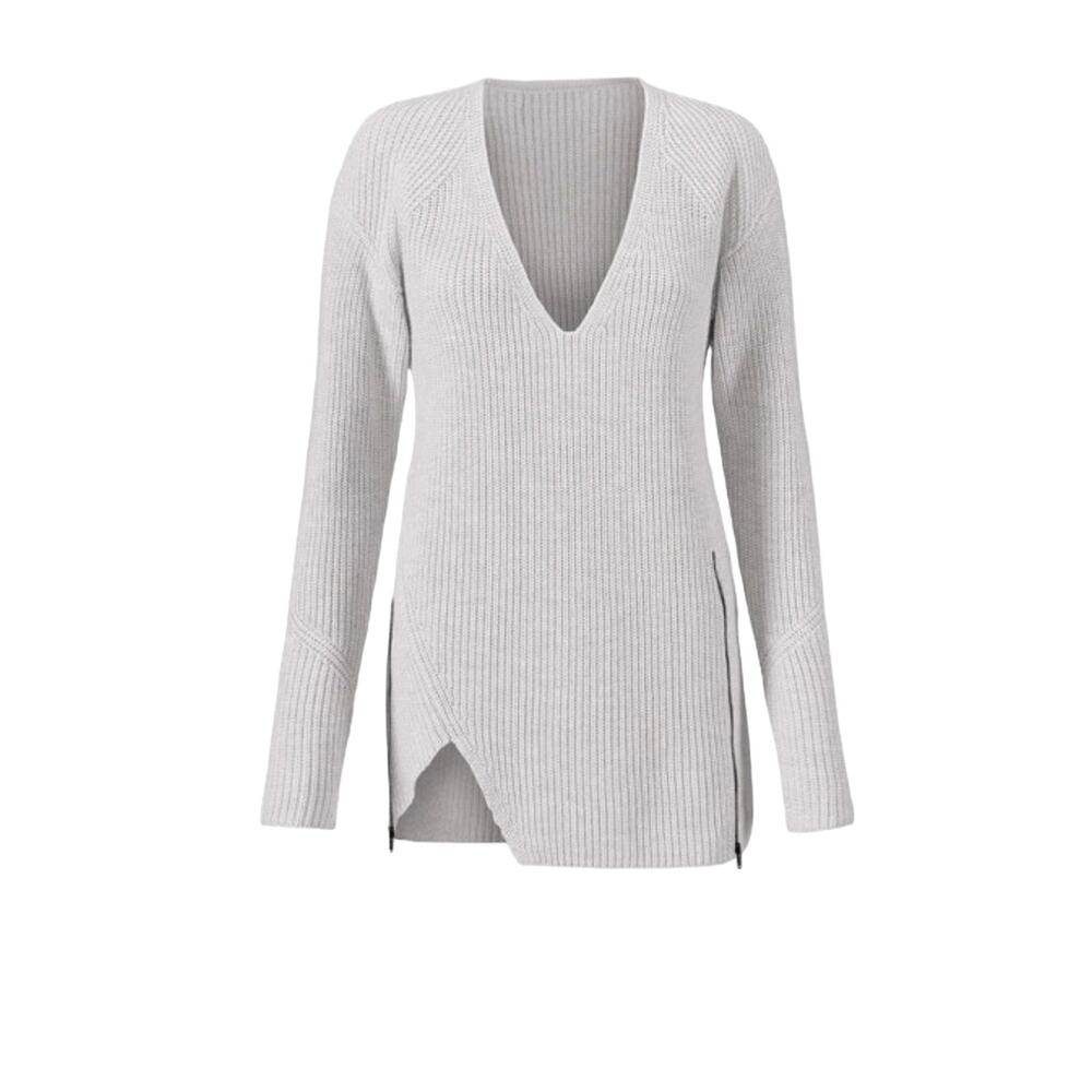 CAbi Deep V Pullover Knit Sweater Gray Sz S Tunic V-Neck Zipper Detail Neutral
